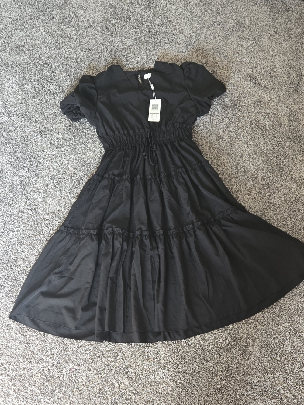 Black Midi Tiered Dress with Puff Sleeves And POCKETS!!